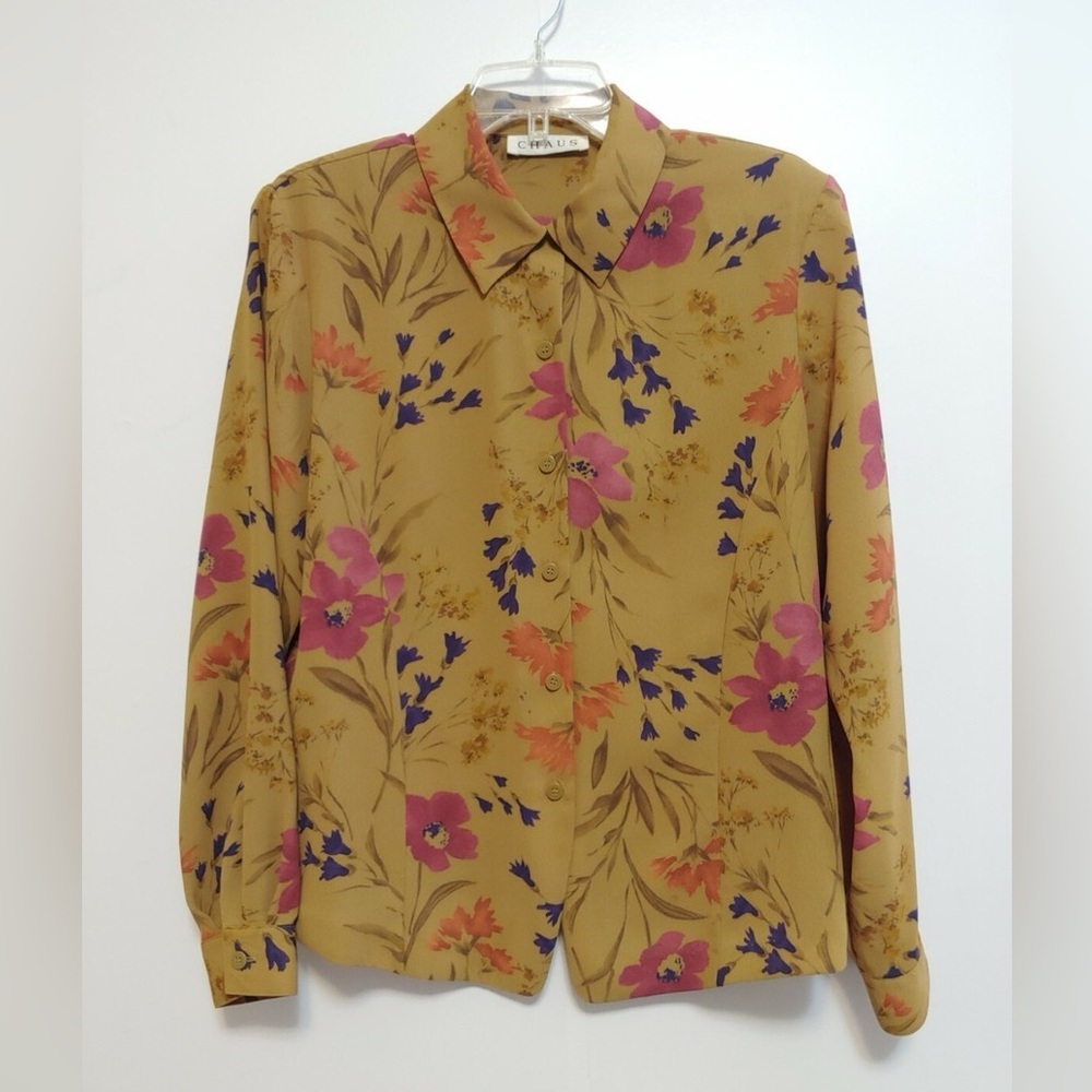 CHAUS | Vintage Tan Multicolored Floral Print Long Sleeve Blouse
